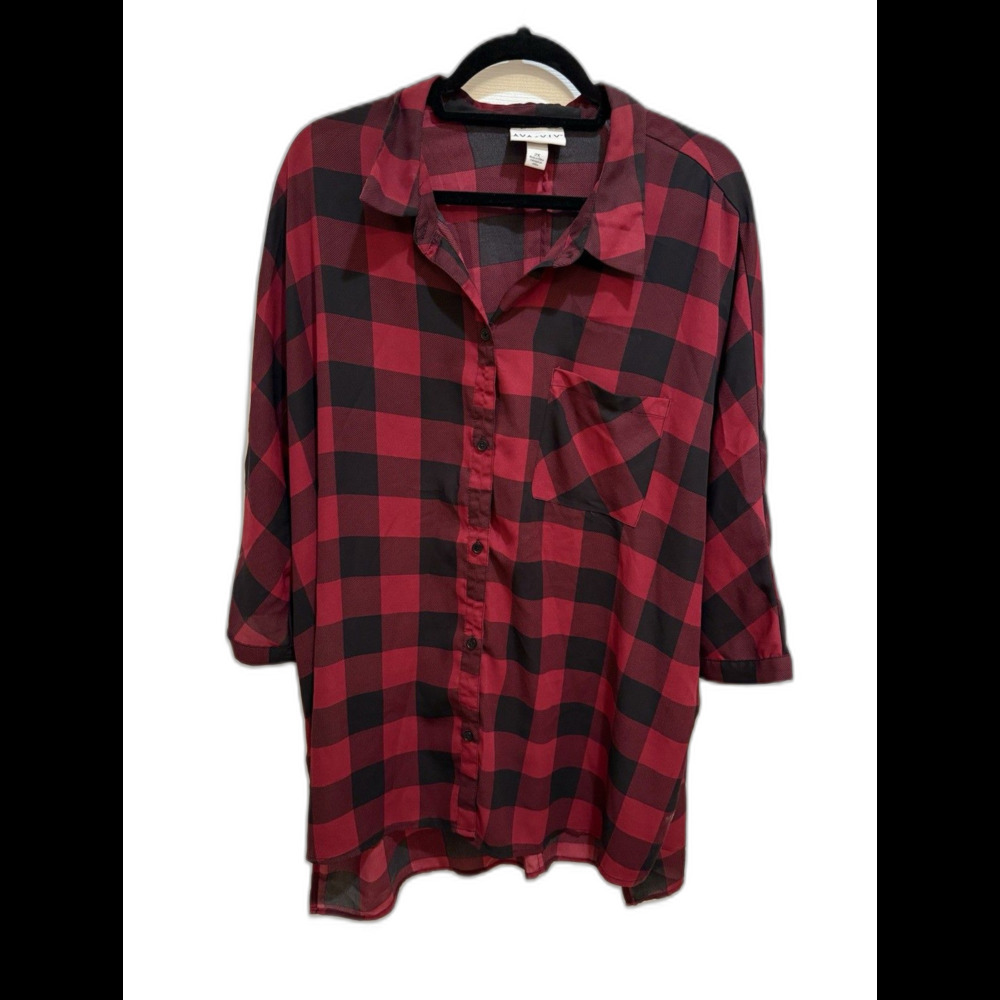 Women's Ava & Viv Red Plaid 3/4 Sleeves Button Up Loose Shirt Top Tunic Sz 2X